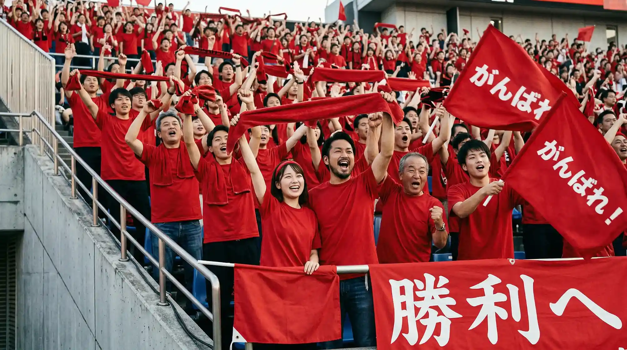 Aficionados japoneses animando en un estadio de la J-League con banderas y coreografías