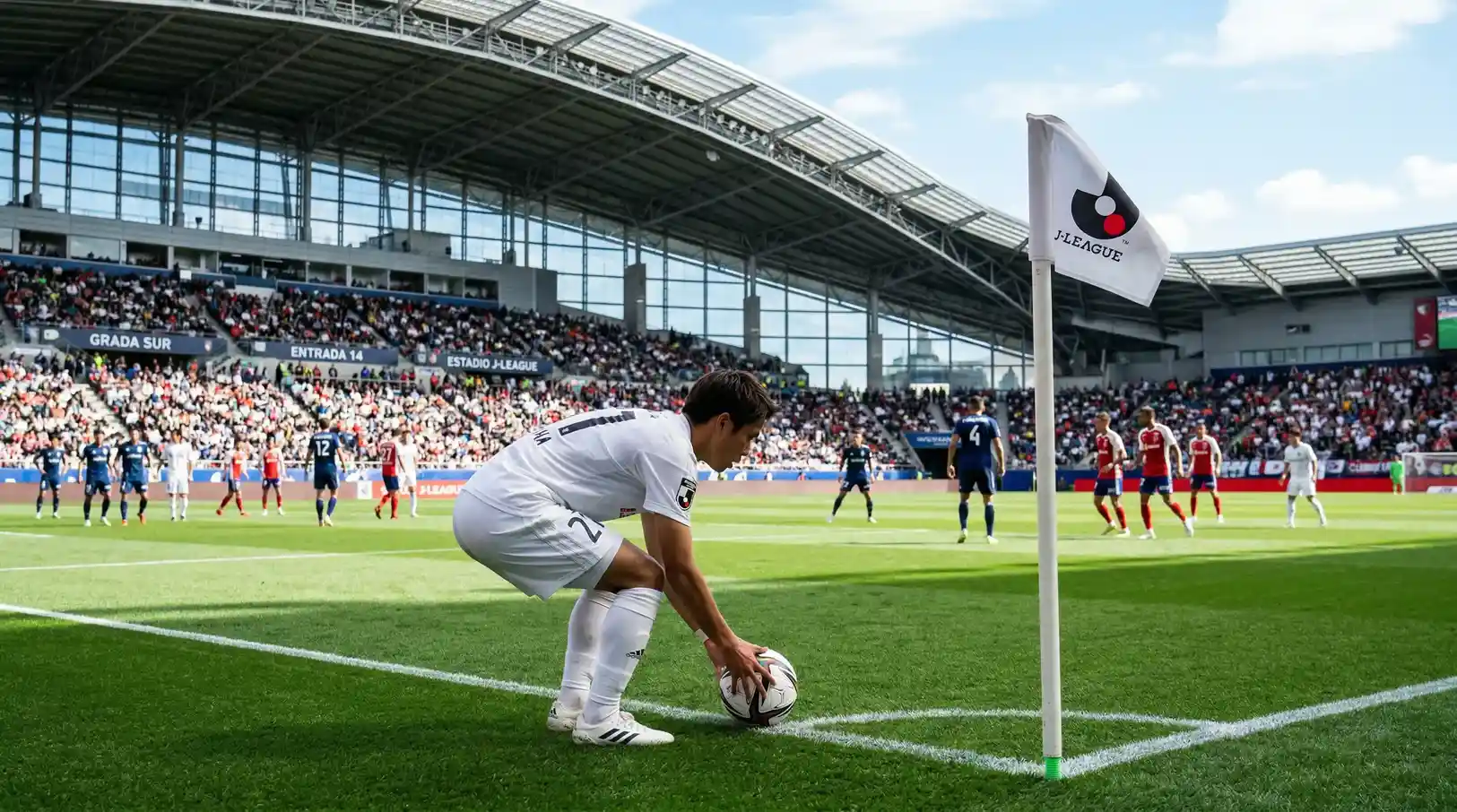 Jugador de J-League ejecutando saque de esquina en estadio japonés