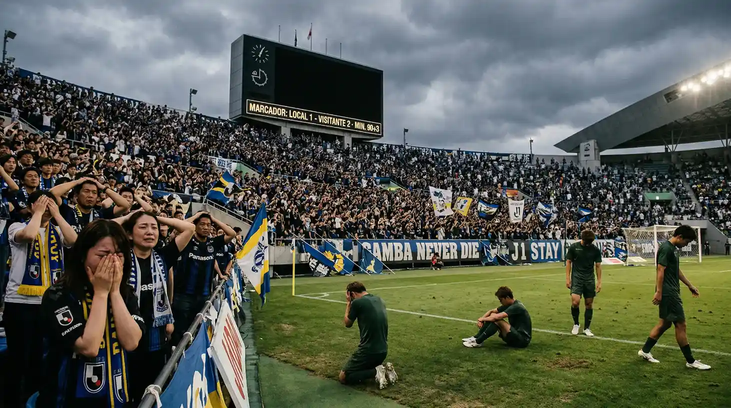 Aficionados preocupados en estadio japonés durante partido de zona de descenso