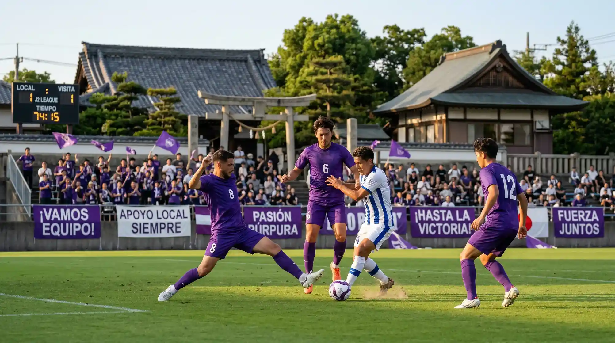Partido de J2 League en estadio de segunda división japonesa con aficionados locales