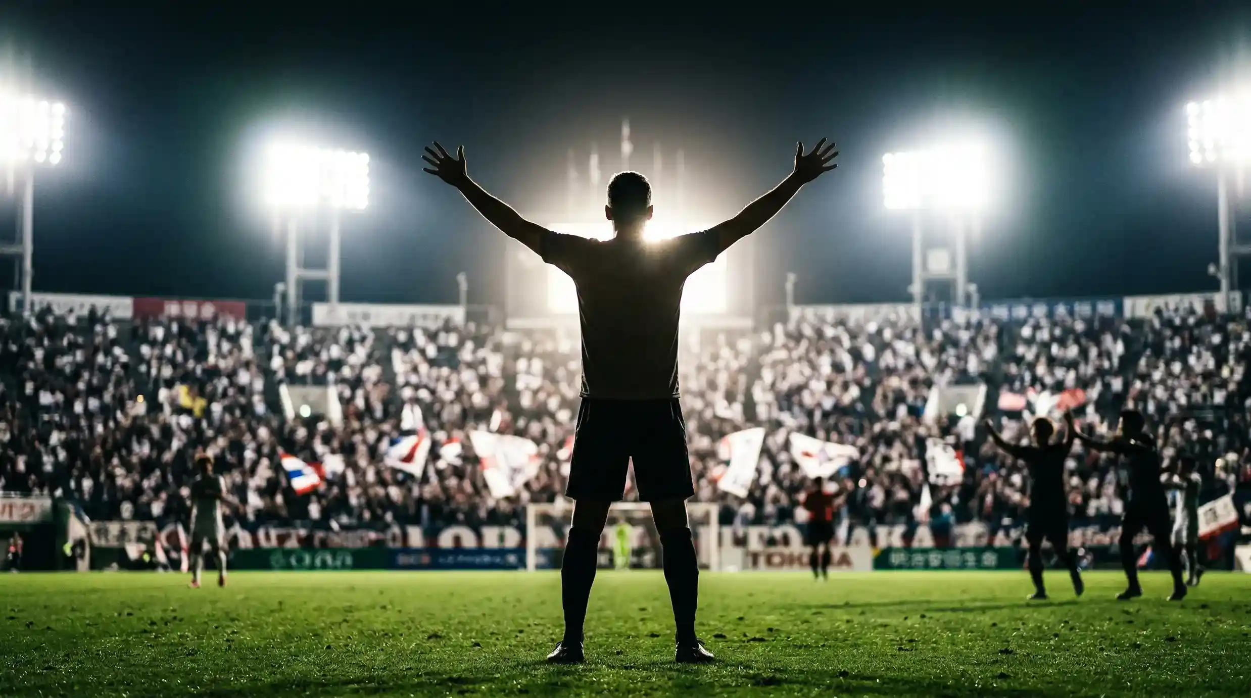Delantero de la J-League celebrando un gol con los brazos en alto