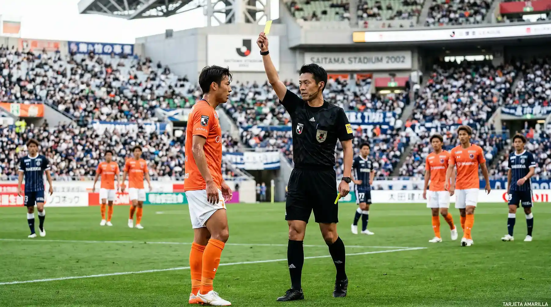 Árbitro mostrando tarjeta amarilla a jugador durante partido de J-League