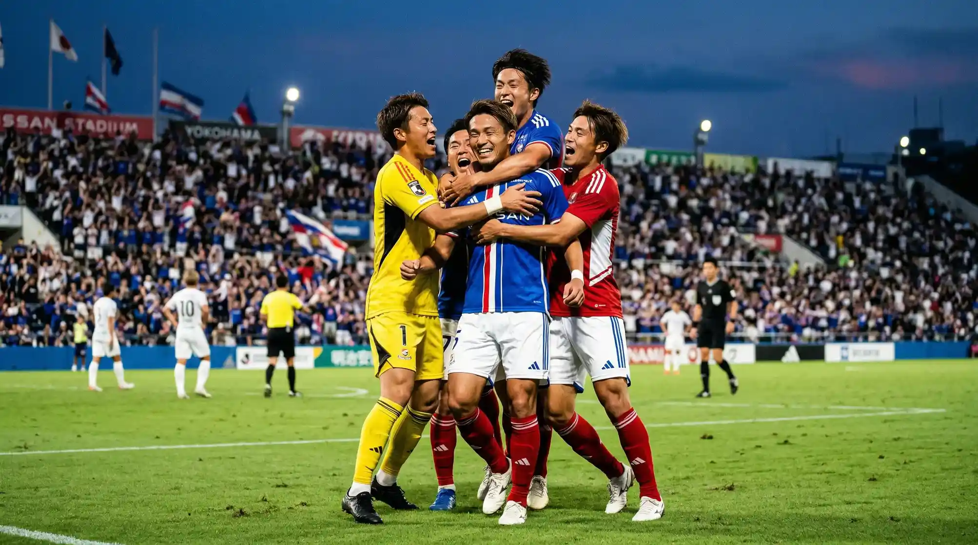 Jugadores de la J-League celebrando un gol en el campo de fútbol