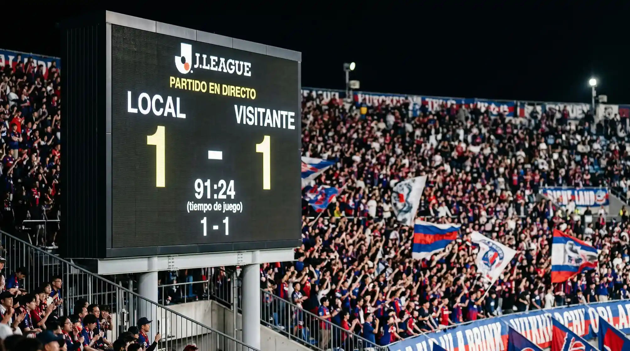 Marcador de estadio japonés mostrando empate durante partido de J-League