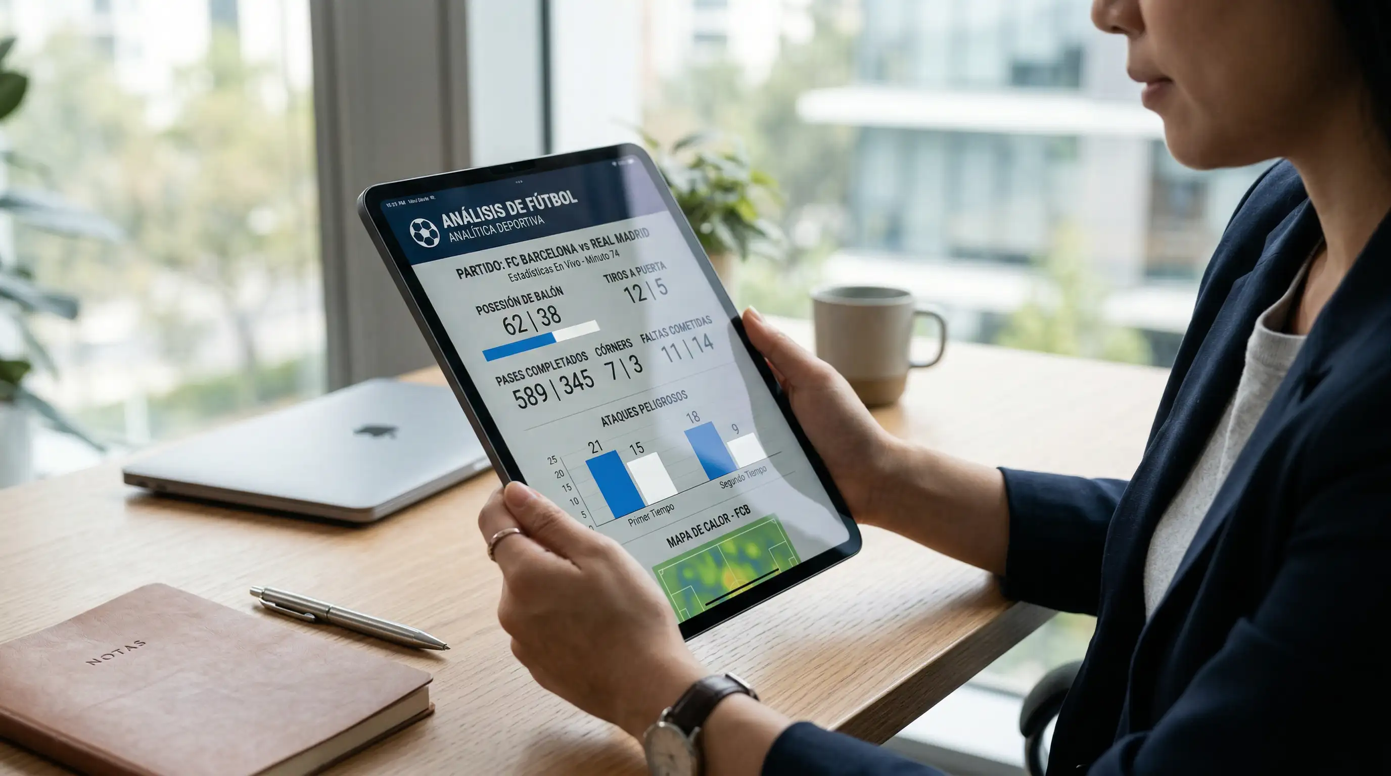 Analista revisando estadísticas de partidos de la J-League en una tablet