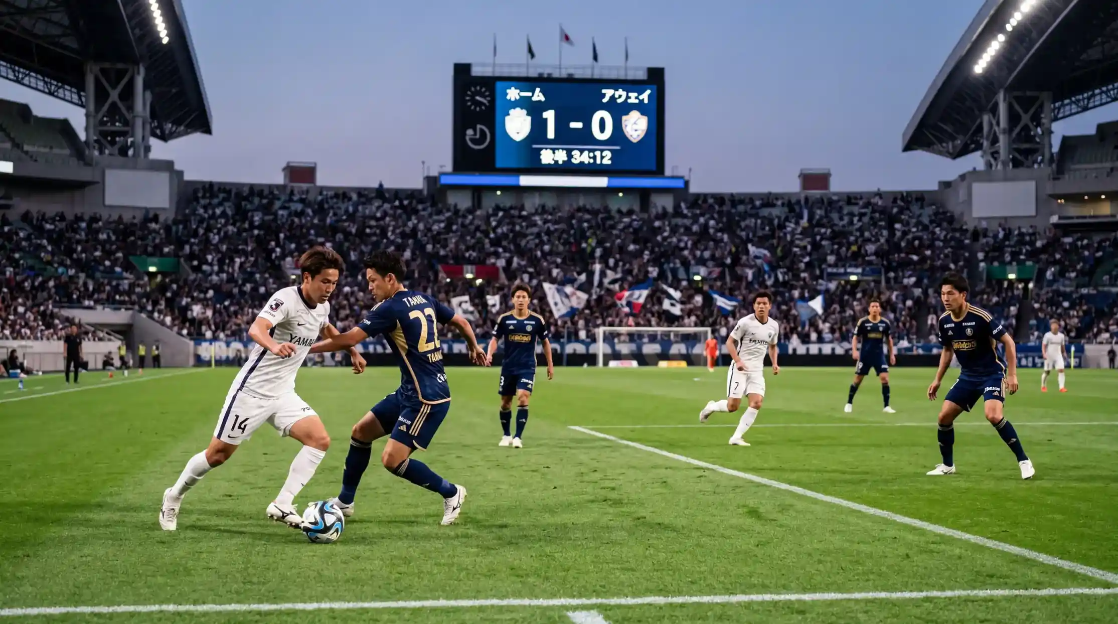 Campo de fútbol japonés con marcador electrónico mostrando resultado de partido