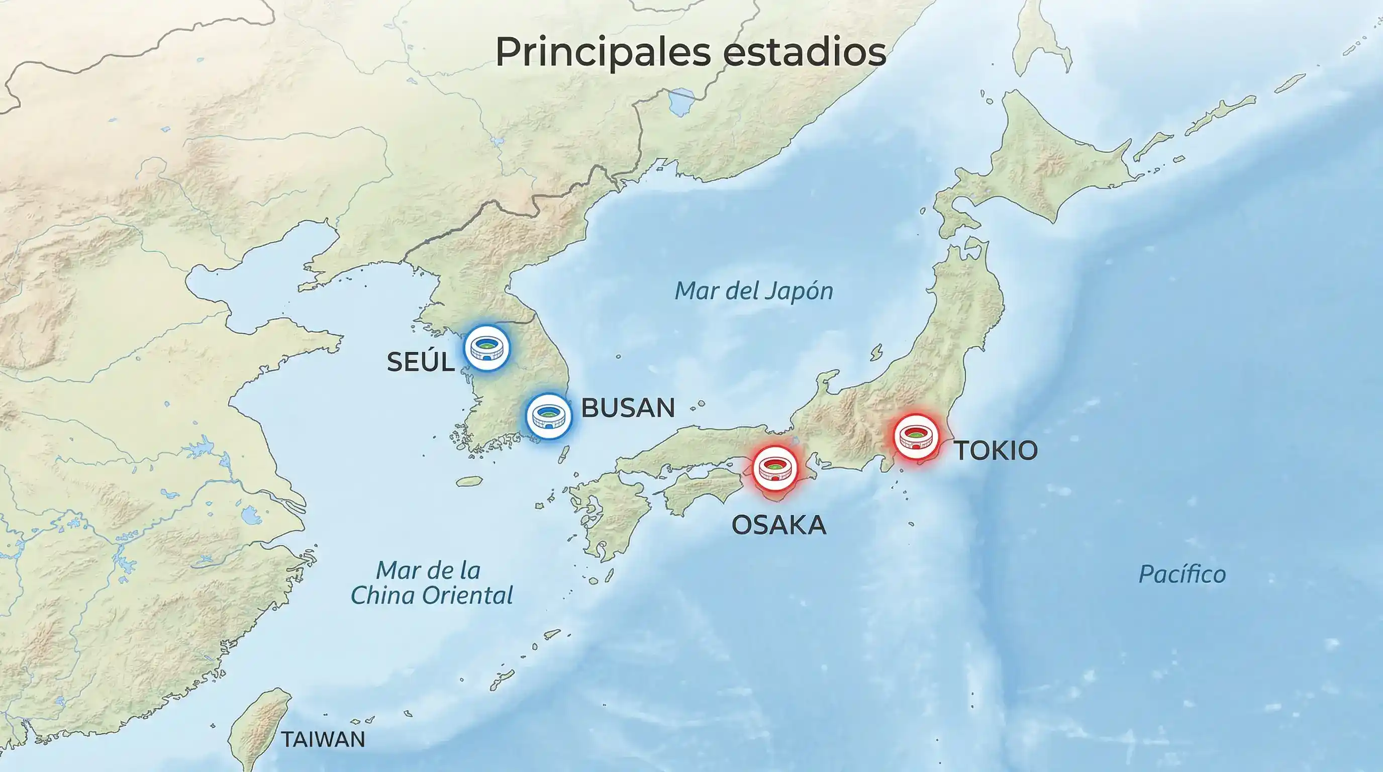 Mapa de Asia con estadios de fútbol destacados en Japón y Corea del Sur