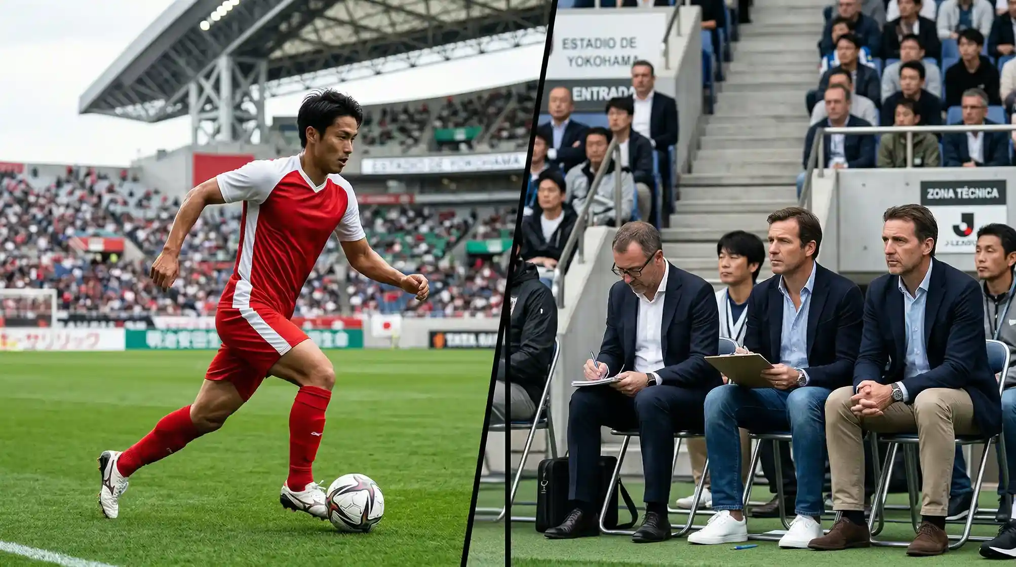 Jugador de la J-League en acción durante partido con scouts europeos observando desde las gradas