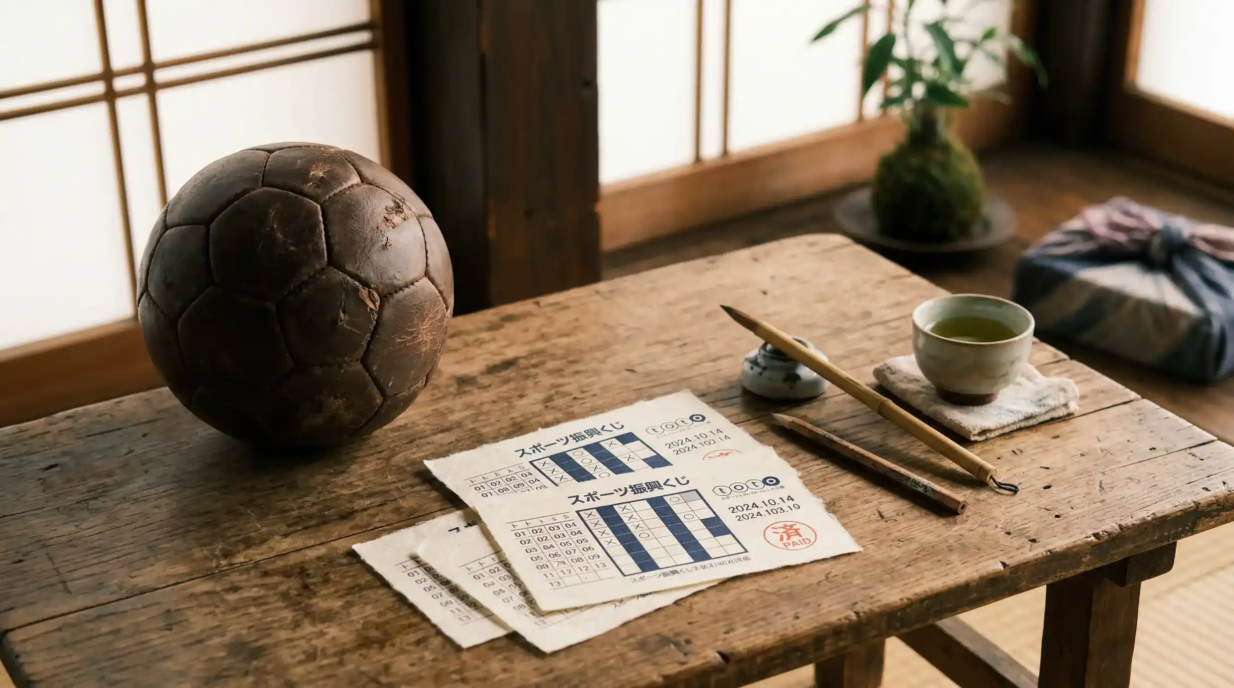 Boletos de lotería deportiva Toto junto a un balón de fútbol en Japón