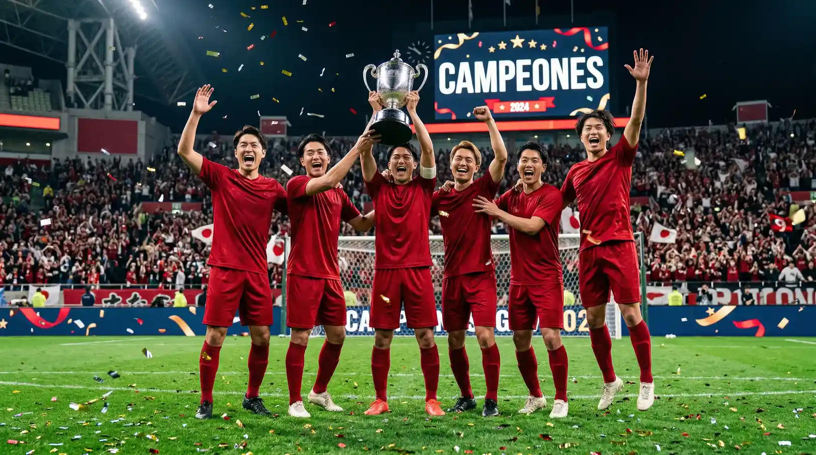 Jugadores de Vissel Kobe celebrando con el trofeo de campeón de la J-League